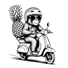 Orangutan riding scooter with pineapple monochrome illustration. Cartoon monkey in helmet and sunglasses driving moped. Summer travel concept