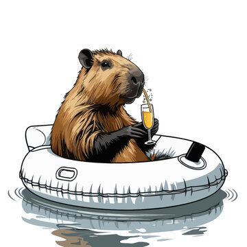 Capybara on float drinks champagne. Cute animal illustration relaxing in water tube. Summer vacation concept