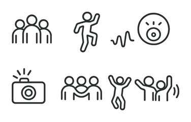 Dance and music outline icons set – line, linear, rhythm, and celebration symbols