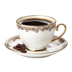 A fancy coffee cup with beans sits isolated on a white background plate.