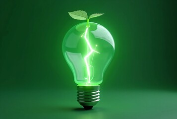 Green Glowing Light Bulb with a Small Plant Inside, Symbolizing Renewable Energy and Sustainability  
