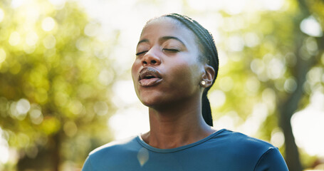 Meditation, breathe and black woman in park for mindfulness, healing aura or spiritual mental...