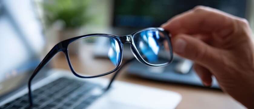 Hand holding blue light blocking glasses over laptop keyboard in home office, concept of eye strain, vision care, and digital wellness