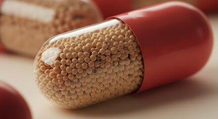 Close-up of a Red and Clear Capsule Filled with Small Brown Pellets; Pharmaceutical Medicine, Healthcare, Pills, Drug, Treatment