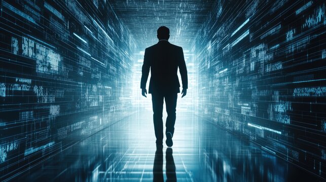 Silhouette of a man walking down a digital corridor filled with glowing data streams