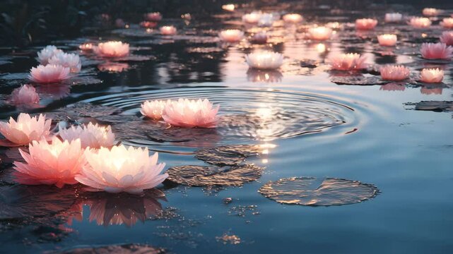 cybernetic lotus bloom,Digital lotus pond with soft data pulses, digital lotus pond in pastel light, digital lotus pond glowing gently,digital lotus, serene pond, pastel cyber