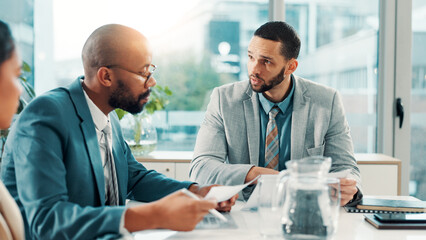 Meeting, planning and documents with business people in office for project proposal, account...