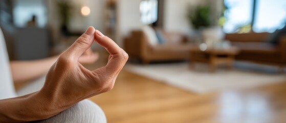 Closeup of a serene adult womans hand in Gyan Mudra during meditation at home, promoting mindfulness, relaxation, and inner peace Concept of wellness and healthy lifestyle