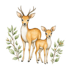 Fototapeta premium Watercolor illustration shows a deer family with leafy plants around them.
