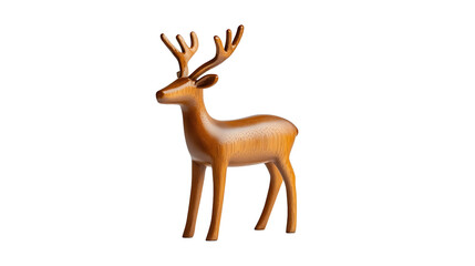 A wooden deer figurine standing against a black background
