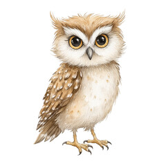Obraz premium A sweet baby owl with big eyes stares forward in a watercolor illustration.