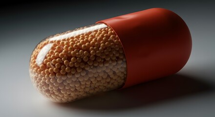 Close-up of a Single Capsule Filled with Small Orange Pellets, Pharmaceutical Medicine Concept, Healthcare and Medical Treatment Imagery