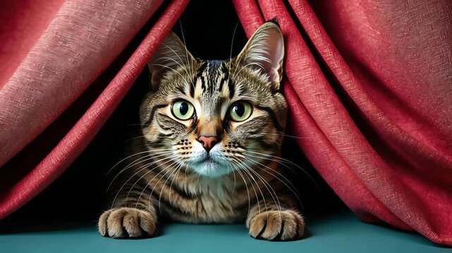 Adorable tabby cat peeking through red velvet curtains with curious expression and green eyes in cozy indoor setting on soft surface


