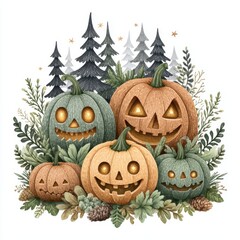 Smiling Jack o' Lanterns in a Snowy Forest Halloween Illustration