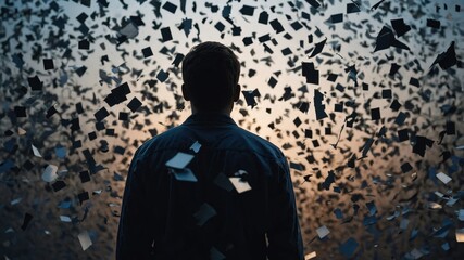 Person in silhouette surrounded by floating squares against a gradient sky at dusk expressing feelings of overwhelm