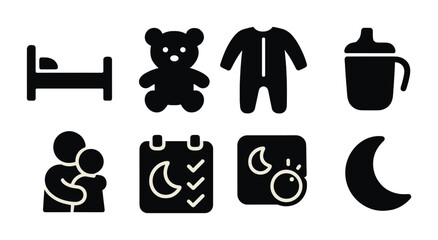 Baby care solid icons set – filled, silhouette, parenting and newborn essentials