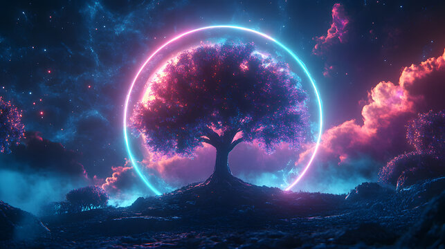 Abstract neon background with a cosmic tree sprouting through a planet surrounded by a glowing neon ring in pink and blue hues giving a mystical and futuristic vibe 3D illustration
