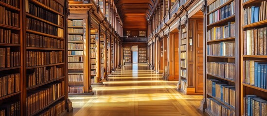 Obraz premium A beautifully lit library hallway filled with wooden bookshelves
