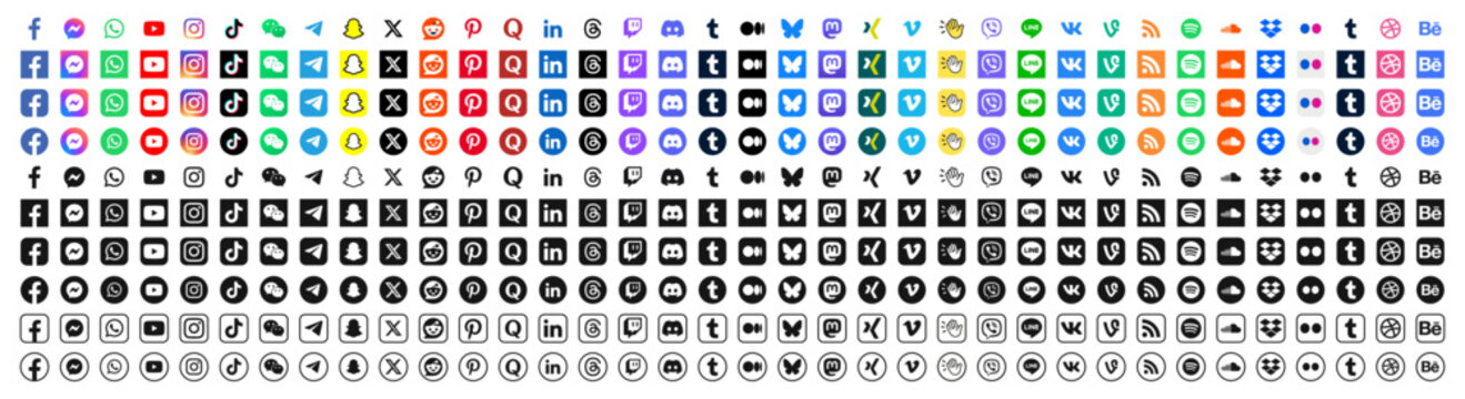 Set of social media contact icons. Extensive collection of modern vector symbols for digital platforms, social networks, communication apps, and online branding. Facebook, Instagram, Threads, etc.
