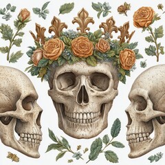 Fototapeta premium Three Skulls with Orange Rose Floral Crowns and Green Leaves on White Background