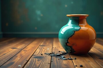 A broken vase on a hardwood floor, suggesting a conflict , room, argument