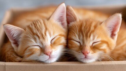 Two Cute Kittens Cuddled Together Sleeping Peacefully in a Cozy Cardboard Box