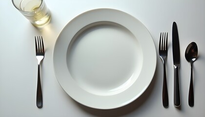 A white plate with silverware and a glass of white wine on a table setting