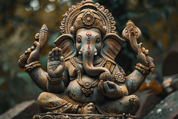 Fototapeta premium Bright holiday composition for happy Ganesh Chaturthi, abstract vivid composition consists of fictional unreal fantastic vision on background