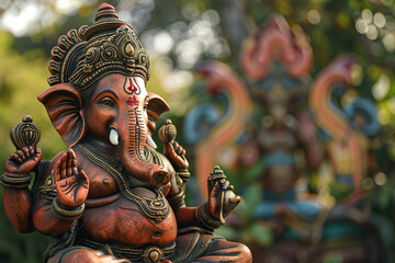 Fototapeta premium Bright holiday composition for happy Ganesh Chaturthi, abstract vivid composition consists of fictional unreal fantastic vision on background