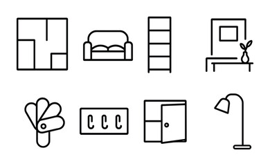 Home and office outline icons set – linear, furniture and decor symbols