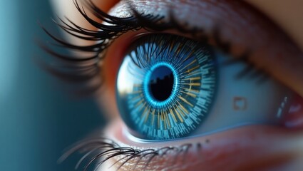 Close up of a human eye featuring a sleek futuristic ocular implant with high tech design and vibrant details