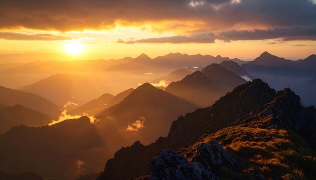 Silhouetted mountain ridge with glowing golden clouds in the background, casting warm light across misty valleys below.