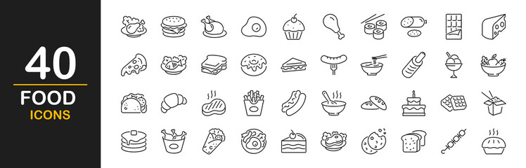 Food icon set. Contains such icons as burger, donut, pizza, eis, noddles, french fries, desserts, hot dog,  ice cream,  sushi and rolls, cake, chicken leg with salad and more