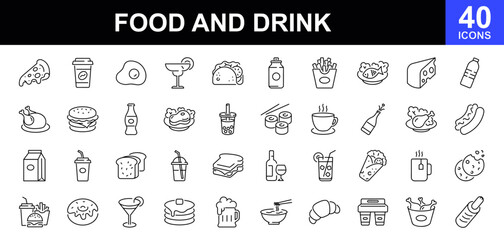 Food and drinks icon set. Contains such icons as burger, coffee, donut, bubble tea,pizza, french fries, tea, desserts, beer, hot dog, sushi and rolls, coctail, energy, chicken leg with salad and more