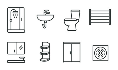 Bathroom essentials outline icons set – line, linear, plumbing and decor symbols