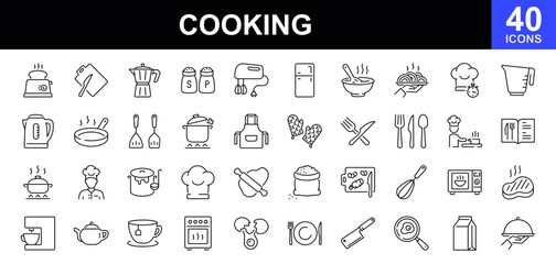 Cooking icon set. Contains such icons as egg, coffee, tea, kettle, recipe book, chef hat, cutting board, toaster, coffeemaker, juicer, oven, mixer, rolling pin, pot, pan and more