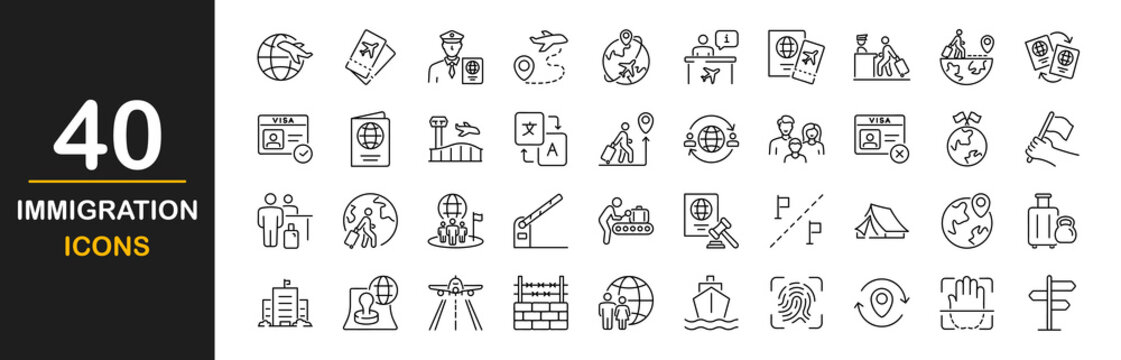 Immigration icon set. Contains such icons as visa, passport, migrant, customs officer, international flights, country, border crossing, airport, illegals, baggage examination, immigration and more