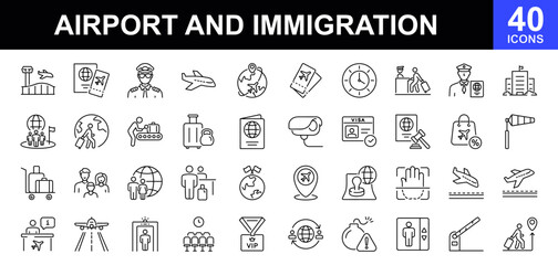 Airport and immigration icon set. Contains such icons as visa, passport, migrant, customs officer, border crossing, airport, aerodrome, pilot, tickets, information desk and more