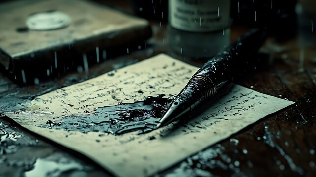 Ink spills over a parchment with delicate handwriting on a damp vintage desk