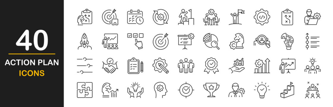 Action plan icon set. Contains such icons as planning, schedule, strategy, analysis, tasks, goal, collaboration, solutions, action plan, search strategy, target, scheme, objective and more
