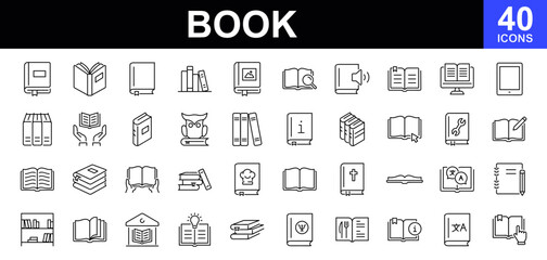 Book icons set. Contains such icons as open book, simple book symbol, library, electronic book, pages, bookmark, literature, dictionary, audiobook, information reference, textbook and more