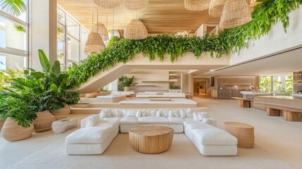 Stylish hotel lobby featuring advanced air purification systems for a cool atmosphere