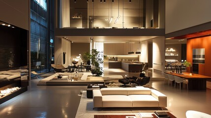 Modern open plan interior space with several connected rooms and levels