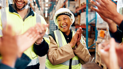 Plakat Hands, applause and happy people for shipping success, team praise or support with celebration at warehouse. Delivery, logistics and collaboration goals with group, motivation and distribution win