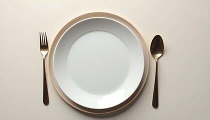 A white plate with a gold rim and a silver spoon and fork placed on a light-colored surface