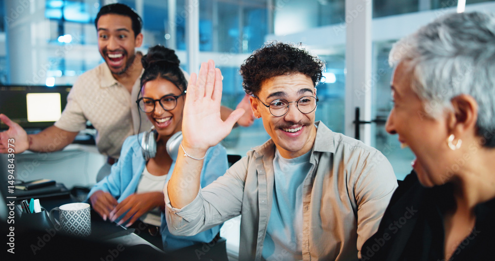 Poster Office, business people and excited with high five for celebration, motivation and developer team. Night, collaboration and programmers with hand gesture for success, support or happiness for project