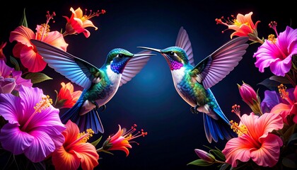 Obraz premium Colorful tropical butterfly and hummingbird flying around a vibrant floral arrangement in the beauty of spring nature