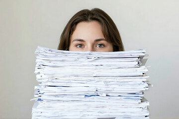 Businesswoman Overwhelmed by a Towering Stack of Documents on plain background. stress, productivity pressure concept. Woman Behind Towering Stack of Paperwork