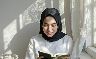 Muslim woman in a simple black hijab sits by a sunlit window and reading Quran with smile and calm expression. Muslim woman reading Quran. natural lighting