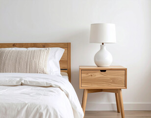 Light wood bedside table with white ceramic lamp  against minimalist white wall. Scandinavian bedroom with neatly made bed and neutral tones.